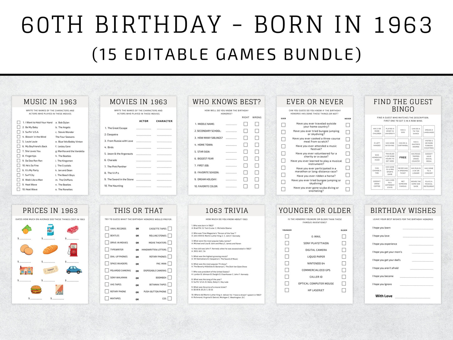 Spielepaket zum 60. Geburtstag, Quiz aus dem Jahr 1963, bearbeitbare Partyaktivitäten (Canva-Vorlage)