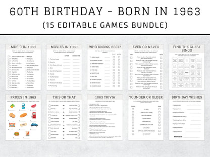 Spielepaket zum 60. Geburtstag, Quiz aus dem Jahr 1963, bearbeitbare Partyaktivitäten (Canva-Vorlage)