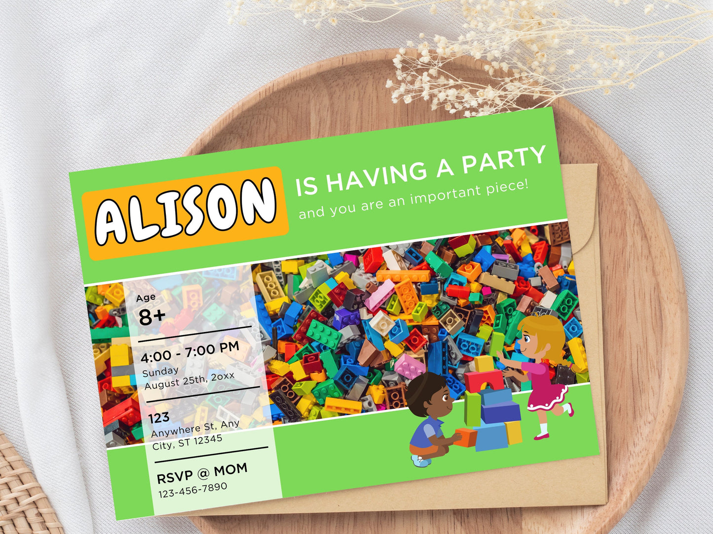 Geburtstagseinladung mit Bausteinen, Kinderparty (Bearbeitbare Vorlage, Sofort-Download)