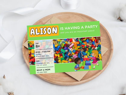 Geburtstagseinladung mit Bausteinen, Kinderparty (Bearbeitbare Vorlage, Sofort-Download)