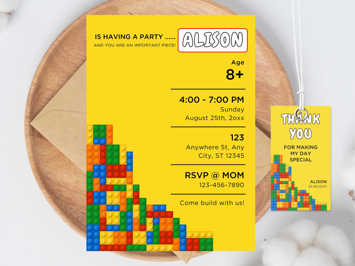 Building Blocks Birthday Invitation, Editable Canva Template (Digital Download)