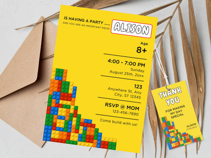 Building Blocks Birthday Invitation, Editable Canva Template (Digital Download)