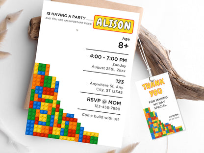 Building Blocks Birthday Invitation, Editable Brick Party Invite (Digital Download)