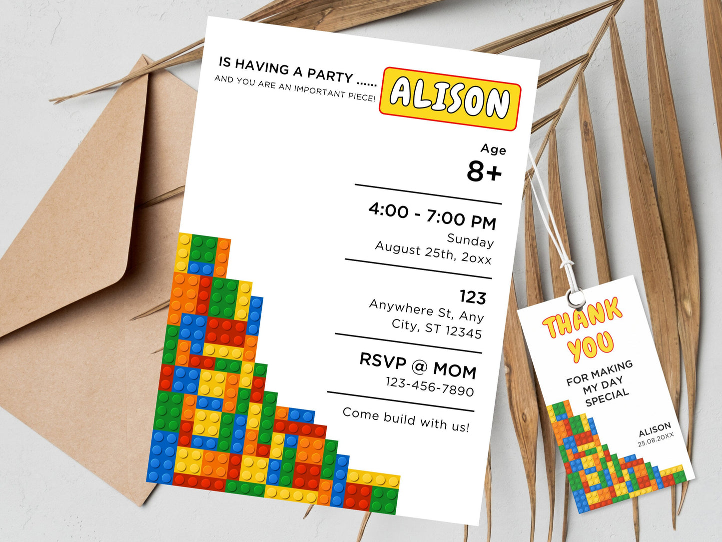 Building Blocks Birthday Invitation, Editable Brick Party Invite (Digital Download)
