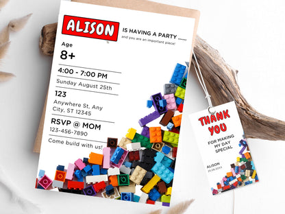 Building Blocks Birthday Invitation, Kids Party, Thank You Tag (Editable Canva Template, Instant Download)