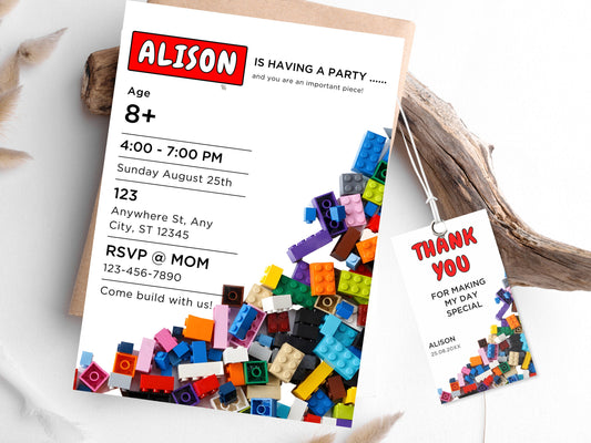 Building Blocks Birthday Invitation, Kids Party, Thank You Tag (Editable Canva Template, Instant Download)