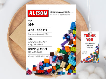 Building Blocks Birthday Invitation, Kids Party, Thank You Tag (Editable Canva Template, Instant Download)