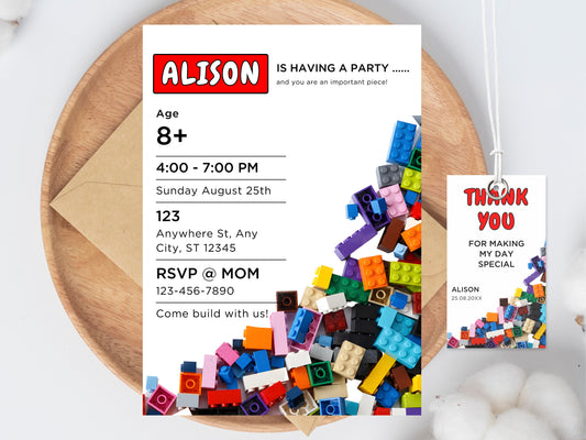 Building Blocks Birthday Invitation, Kids Party, Thank You Tag (Editable Canva Template, Instant Download)