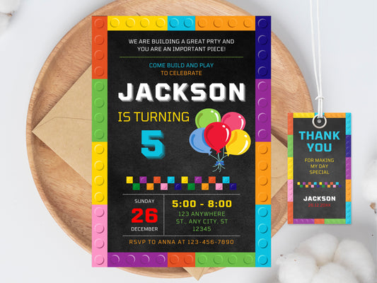 Geburtstagseinladung mit Bausteinen, Kinderparty (Bearbeitbare Canva-Vorlage)