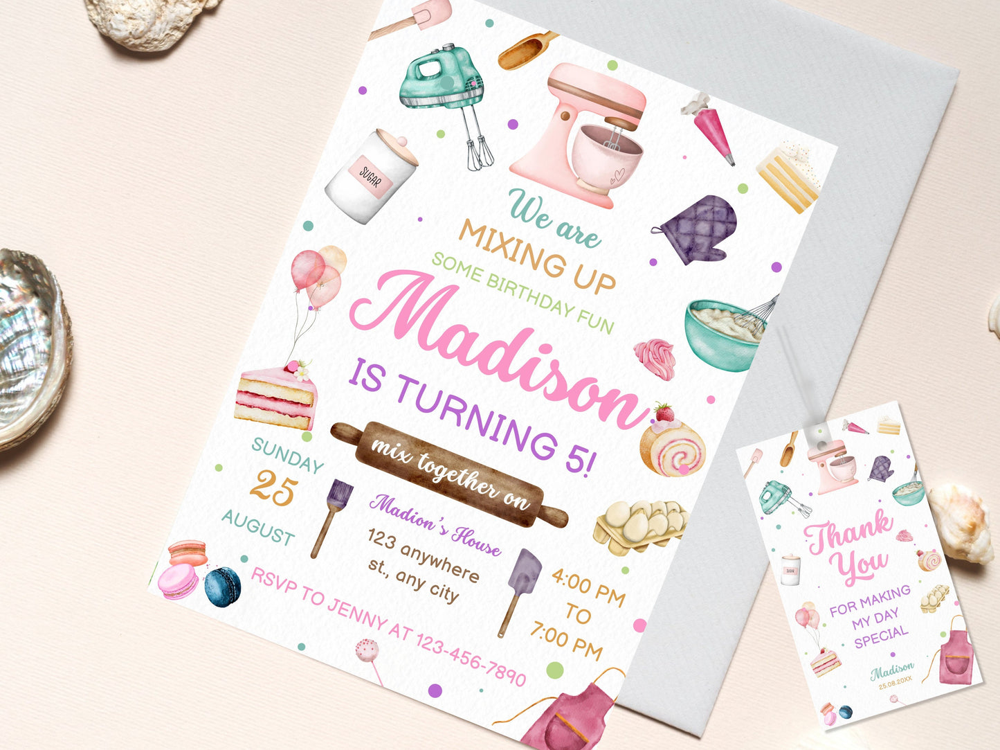 Invitation d'anniversaire sur le thème de la pâtisserie (modifiable), étiquette de remerciement pour la cuisine (téléchargement instantané)