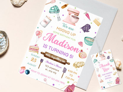 Invitation d'anniversaire sur le thème de la pâtisserie (modifiable), étiquette de remerciement pour la cuisine (téléchargement instantané)
