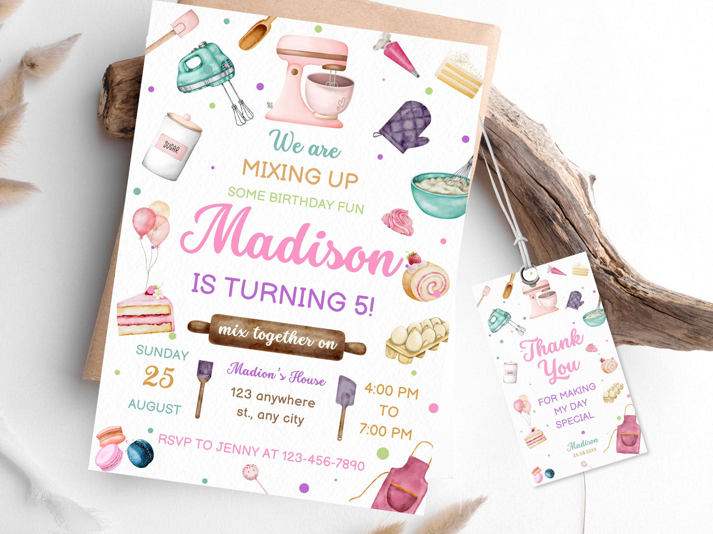 Invitation d'anniversaire sur le thème de la pâtisserie (modifiable), étiquette de remerciement pour la cuisine (téléchargement instantané)