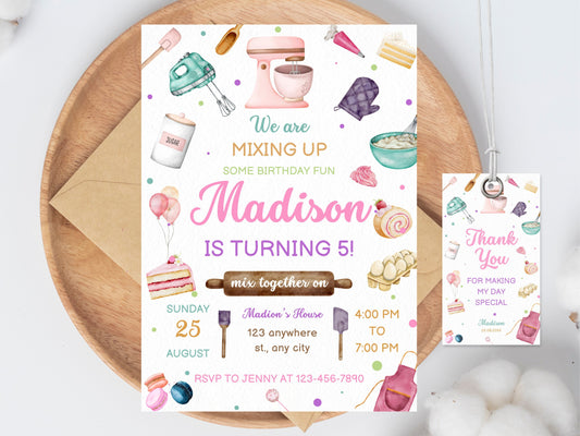 Bearbeitbare Einladung zum Backgeburtstag, Dankeskarte zum Kochen (Sofort-Download)