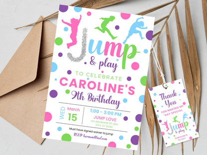Trampoline Birthday Party Invitation, Tie Dye Jump (Editable Template)