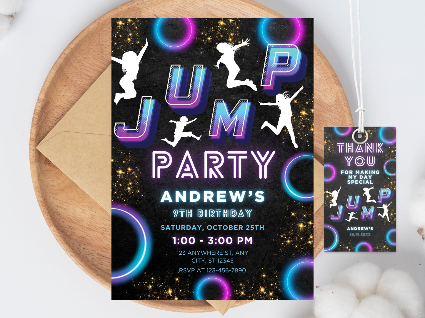 Trampoline Jump Birthday Invitation, Glow Party Template (Digital Download)