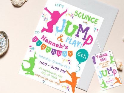 Einladung zum Trampolin-Geburtstag, Batik-Sprungparty (Bearbeitbare Vorlage)