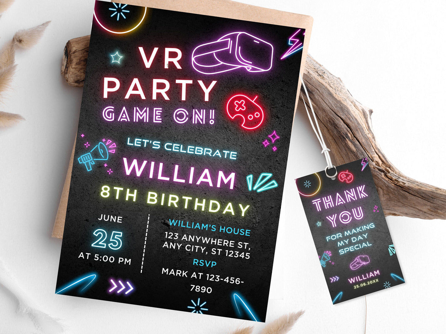 VR Gamer Birthday Invitation, Neon Party Invite (Digital Download)