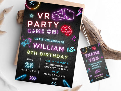 VR Gamer Birthday Invitation, Neon Party Invite (Digital Download)