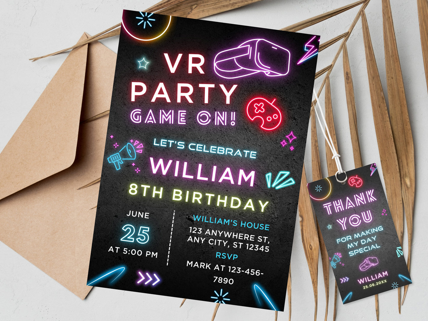 VR Gamer Birthday Invitation, Neon Party Invite (Digital Download)