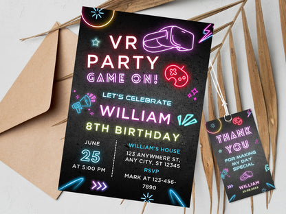 VR Gamer Birthday Invitation, Neon Party Invite (Digital Download)