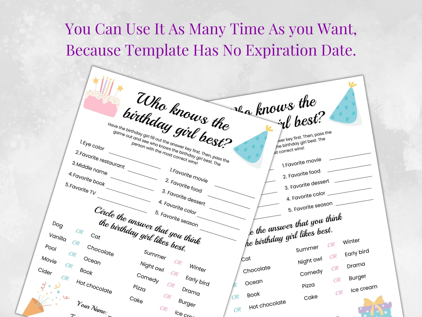 Birthday Girl Trivia Game, Fun Questionnaire (Instant Download)