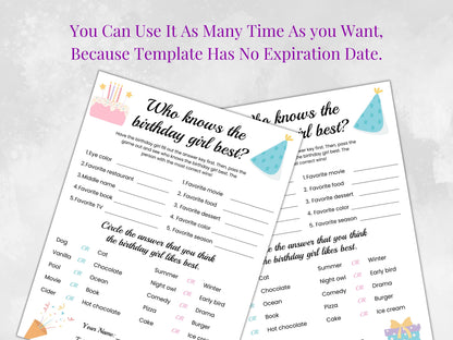 Birthday Girl Trivia Game, Fun Questionnaire (Instant Download)