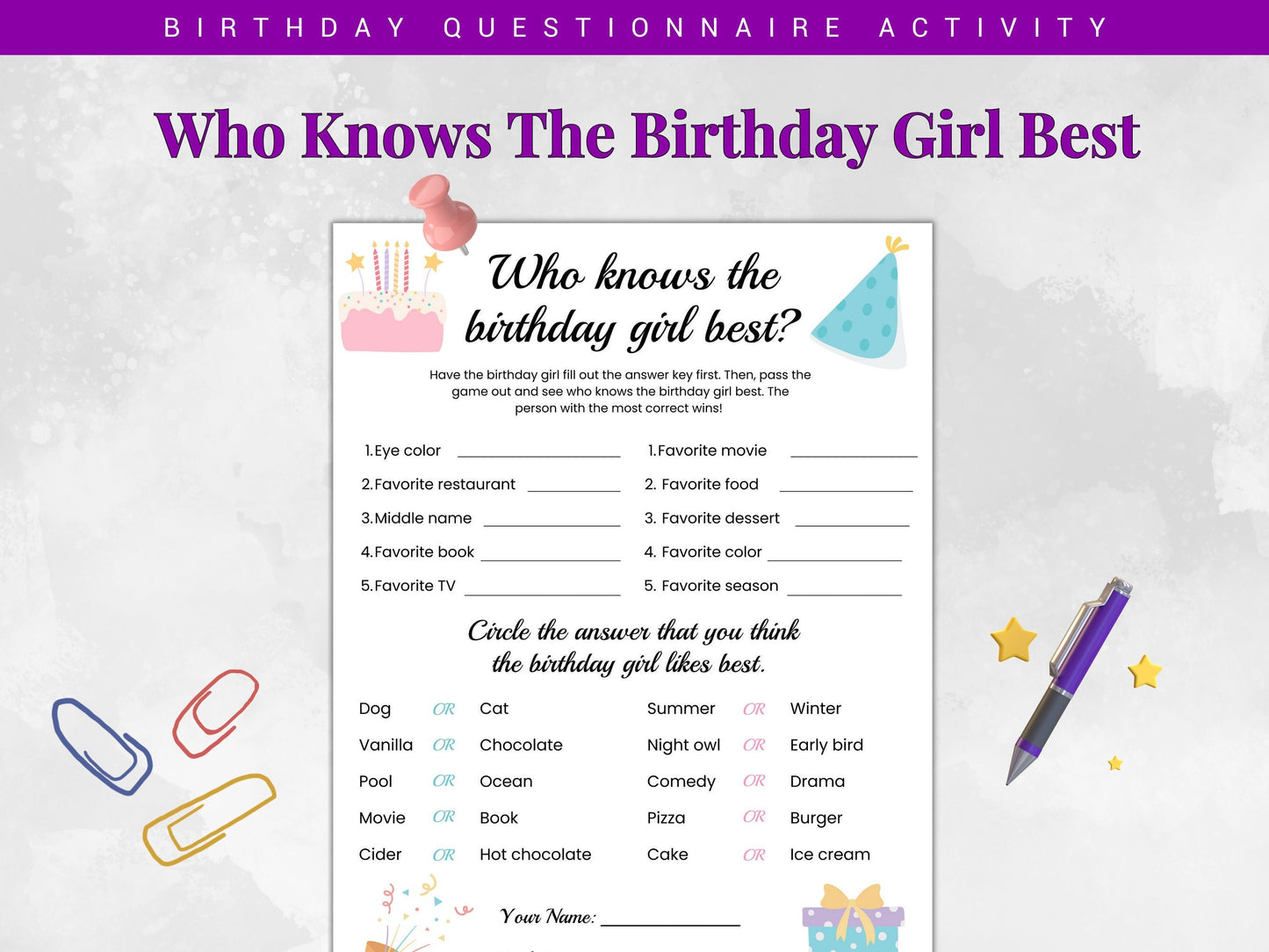 Birthday Girl Trivia Game, Fun Questionnaire (Instant Download)