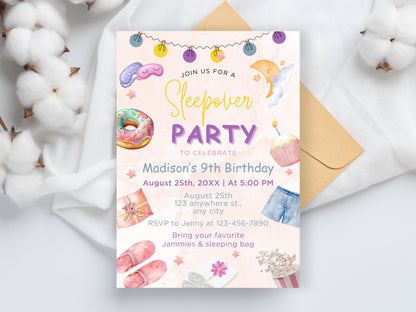 Bearbeitbare Einladung zur Übernachtungsgeburtstagsfeier, Spa-Party für Mädchen (Corjl-Vorlage)