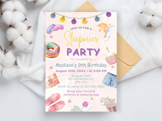 Editable Sleepover Birthday Invitation, Girl Spa Party (Corjl Template)