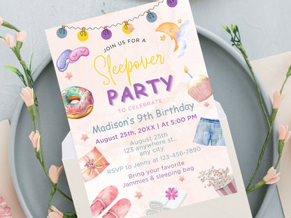 Bearbeitbare Einladung zur Übernachtungsgeburtstagsfeier, Spa-Party für Mädchen (Corjl-Vorlage)