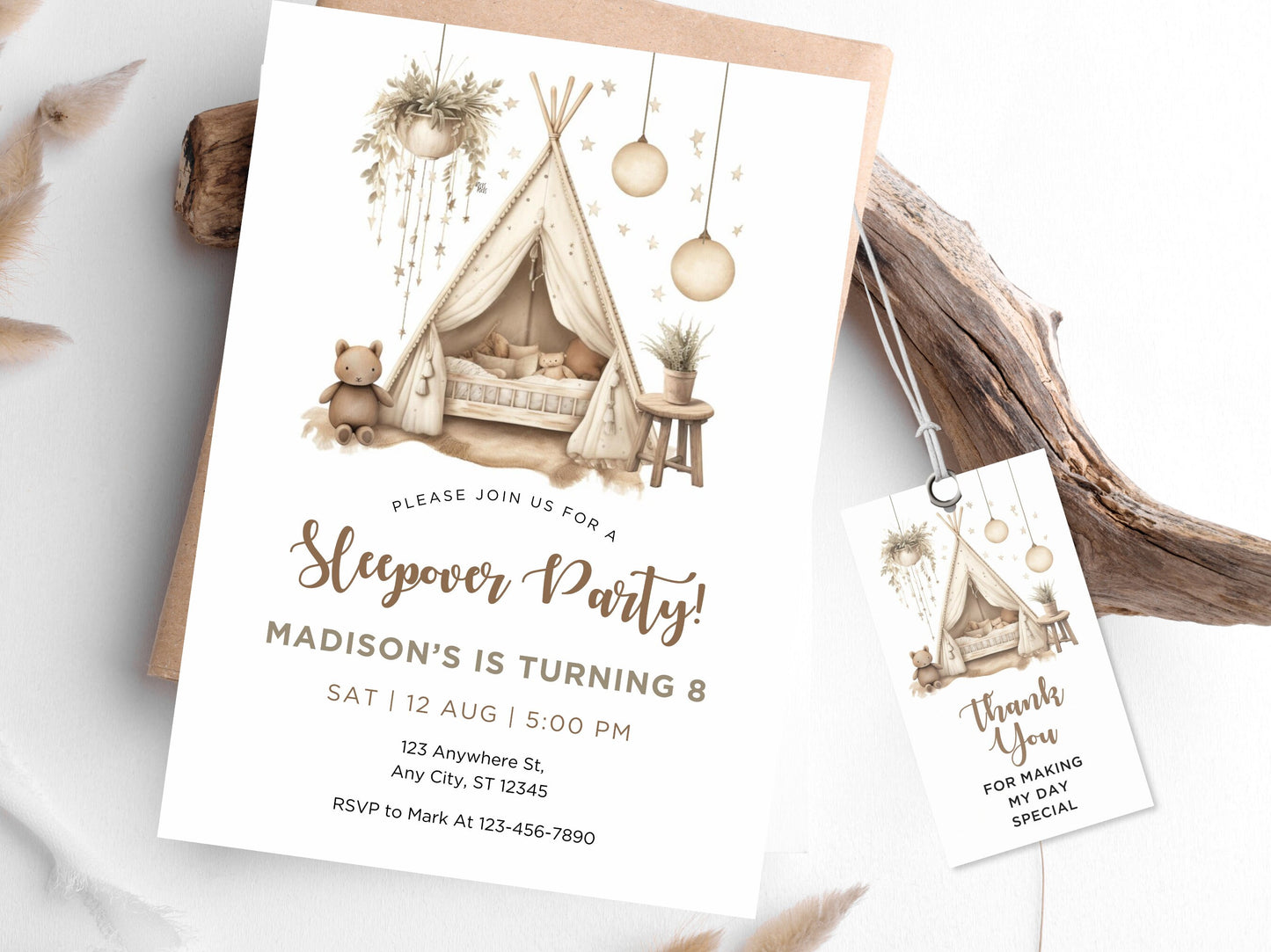 Boho Slumber Party Invitation Template, Sleepover Birthday (Corjl Template)