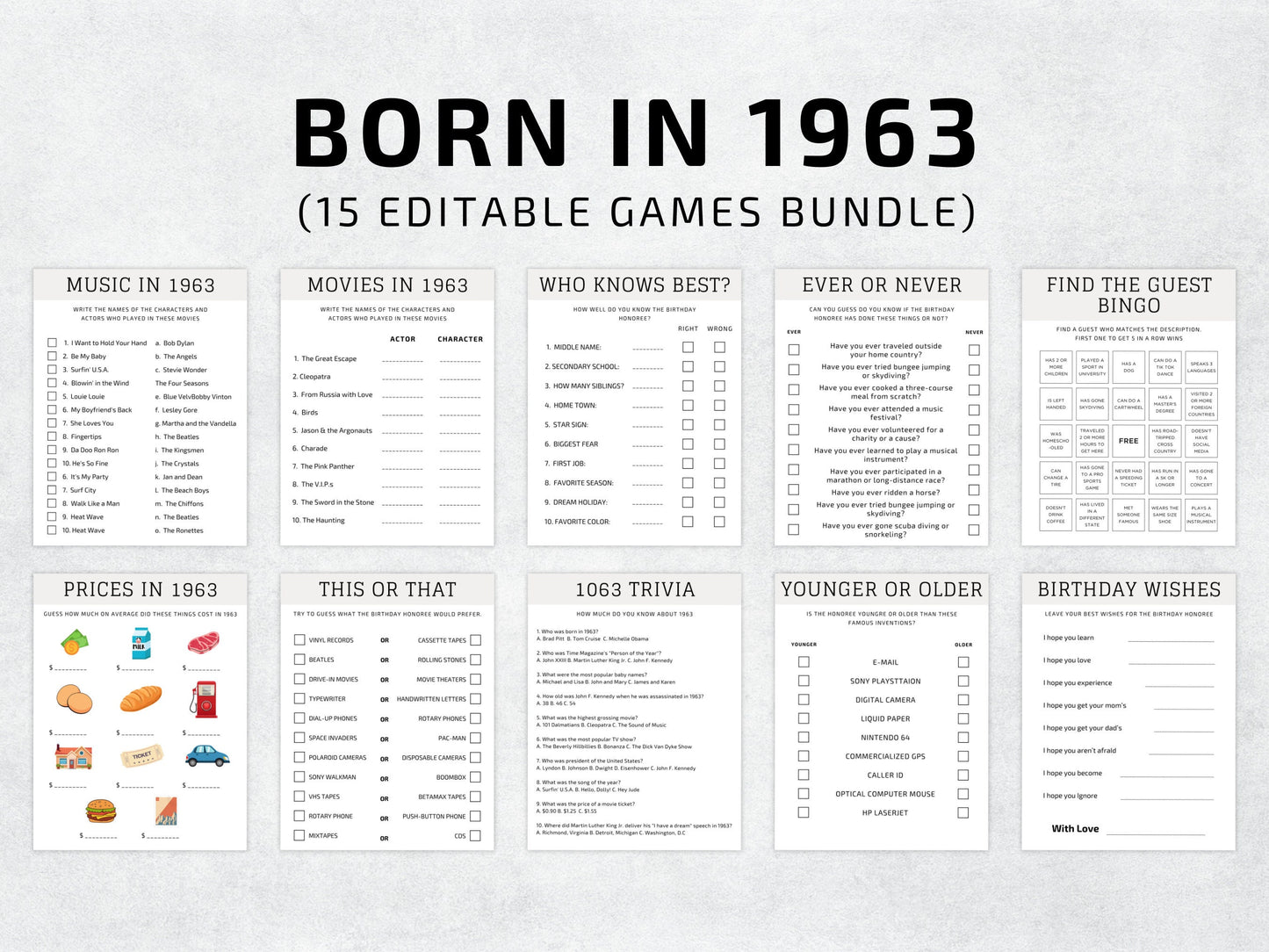 Pack de jeux pour un 60e anniversaire, quiz sur l'année 1963, activités de fête (modèle Canva modifiable)