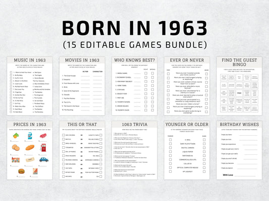 60th Birthday Games Bundle, 1963 Trivia, Editable Party Activities (Canva Template)