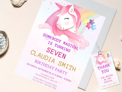 Pastel Rainbow Unicorn Birthday Invitation Template (Digital Download)