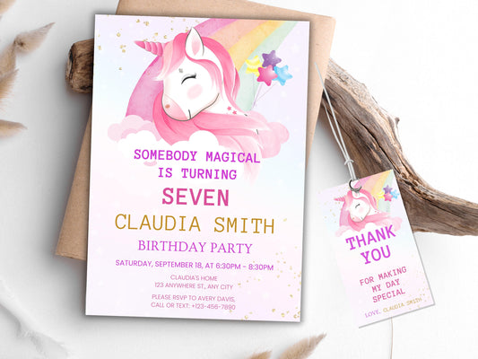 Pastel Rainbow Unicorn Birthday Invitation Template (Digital Download)