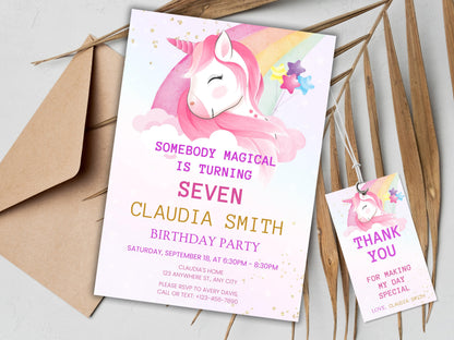 Pastel Rainbow Unicorn Birthday Invitation Template (Digital Download)