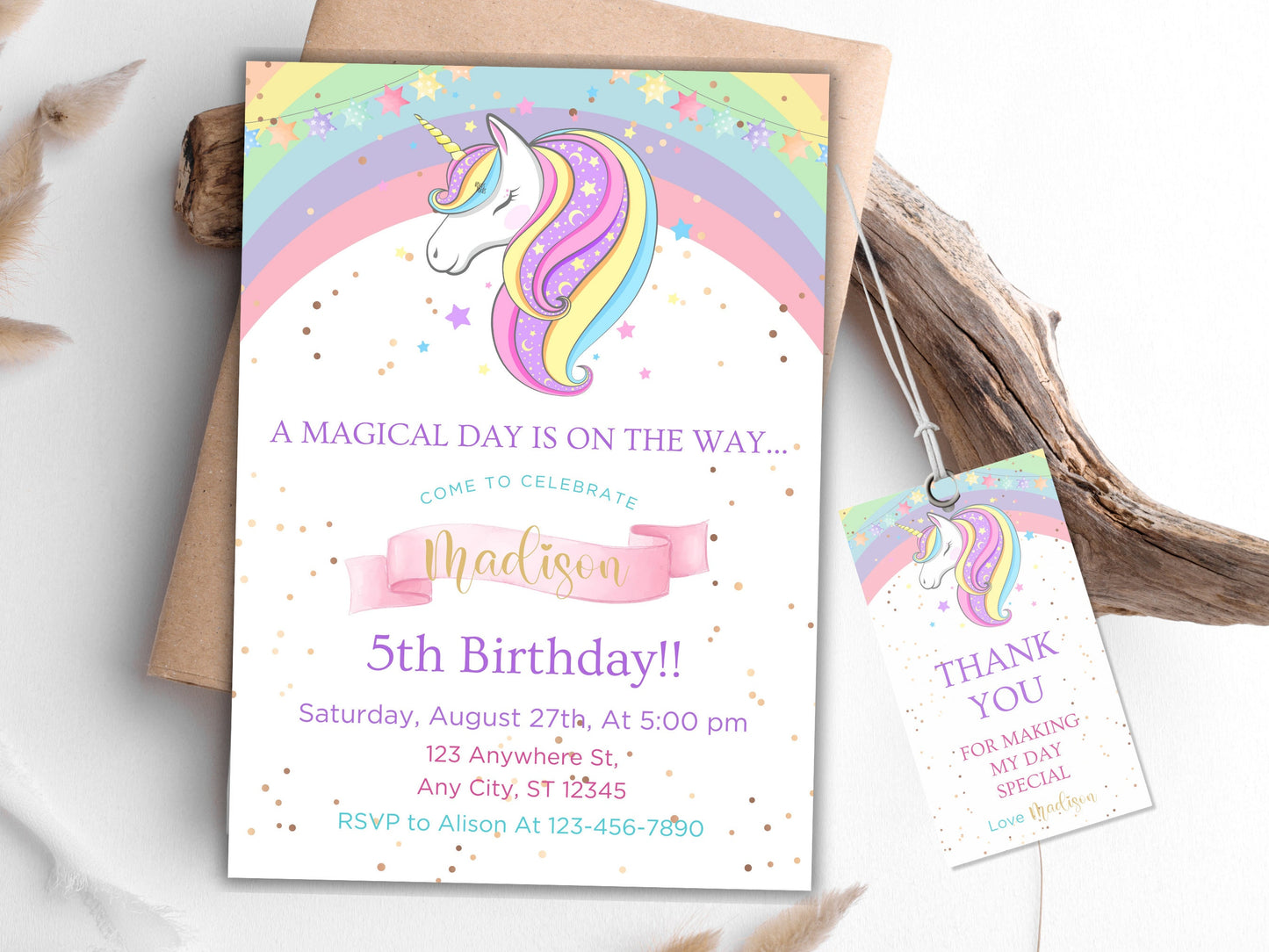 Rainbow Unicorn Birthday Invitation Template, Floral Party Invite (Digital Download)