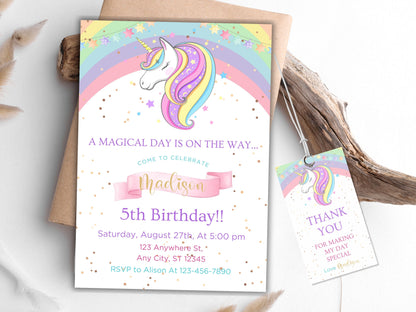 Rainbow Unicorn Birthday Invitation Template, Floral Party Invite (Digital Download)