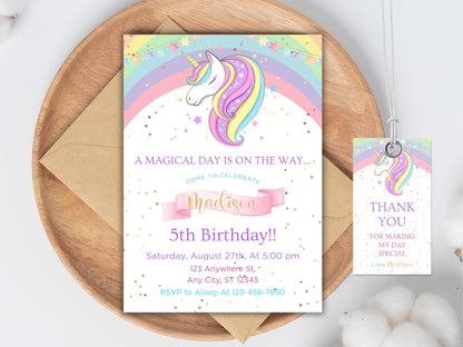 Rainbow Unicorn Birthday Invitation Template, Floral Party Invite (Digital Download)