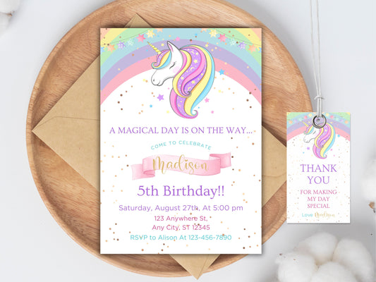 Rainbow Unicorn Birthday Invitation Template, Floral Party Invite (Digital Download)