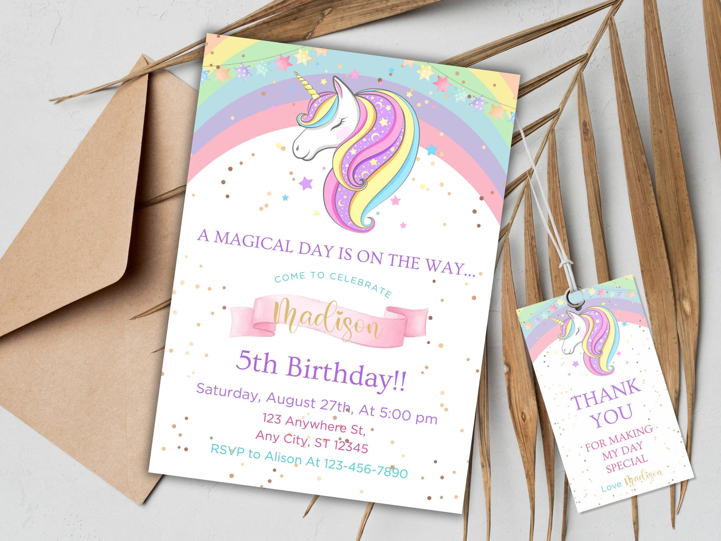 Rainbow Unicorn Birthday Invitation Template, Floral Party Invite (Digital Download)