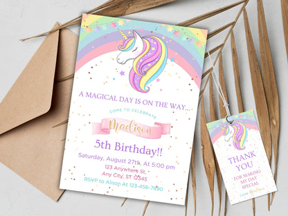 Rainbow Unicorn Birthday Invitation Template, Floral Party Invite (Digital Download)