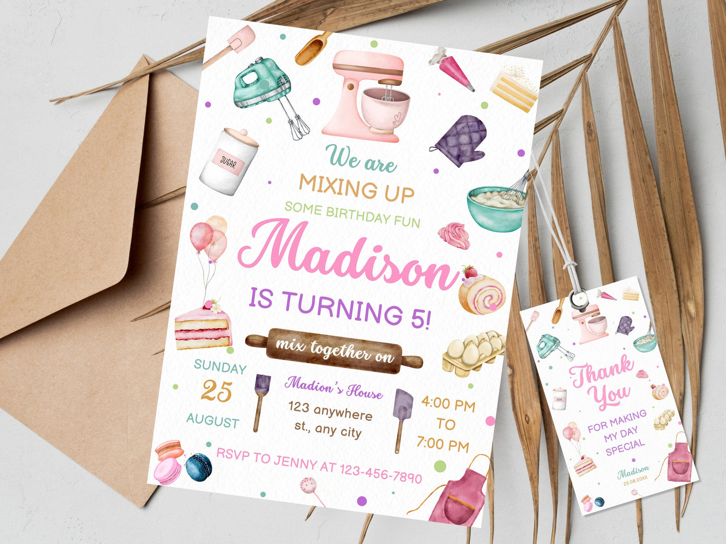 Invitation d'anniversaire sur le thème de la pâtisserie (modifiable), étiquette de remerciement pour la cuisine (téléchargement instantané)