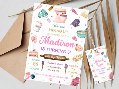 Editable Baking Birthday Invitation, Thank You Tag (Digital Download)