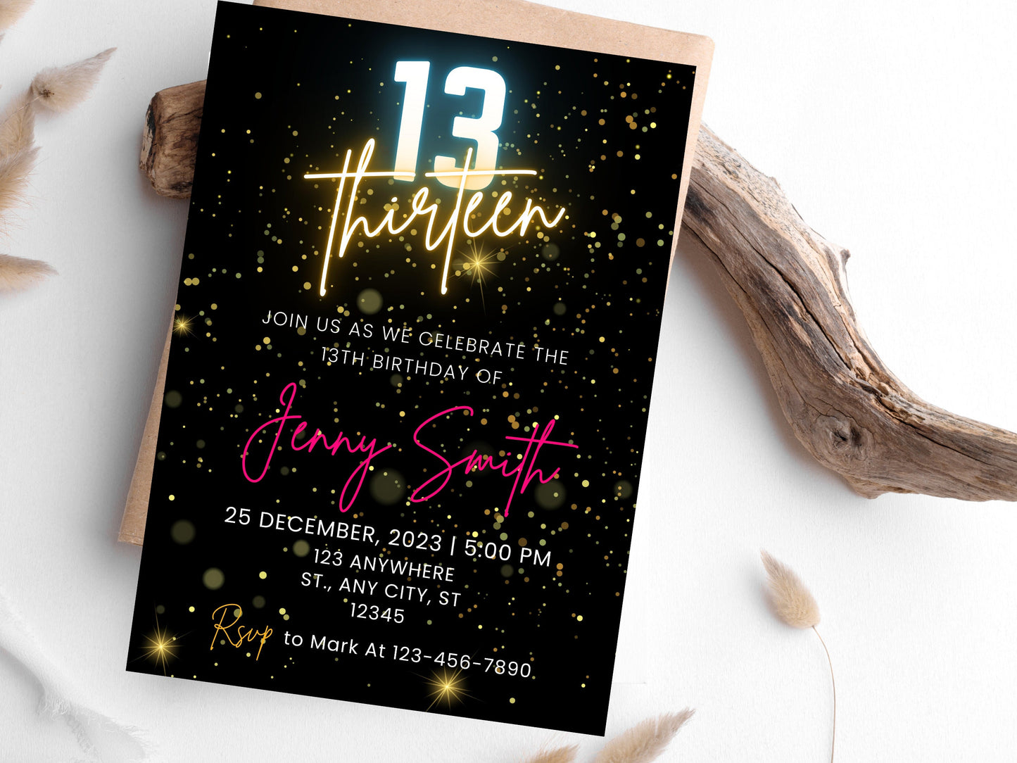 Bearbeitbare Neon-Einladung zum 13. Geburtstag, pinkes Design (Digitaler Download)