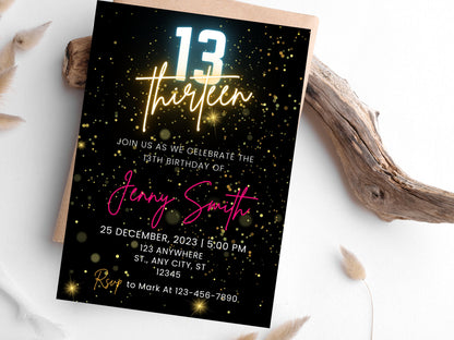 Bearbeitbare Neon-Einladung zum 13. Geburtstag, pinkes Design (Digitaler Download)