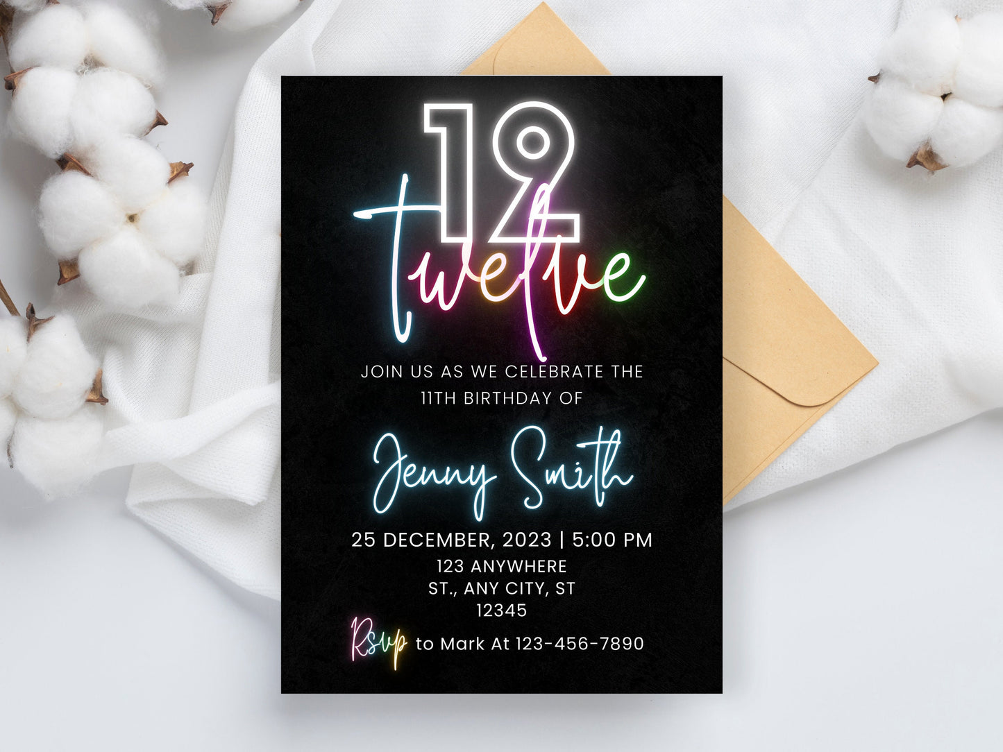 Editable Neon 12th Birthday Invitation, Pink Theme (Digital Download)