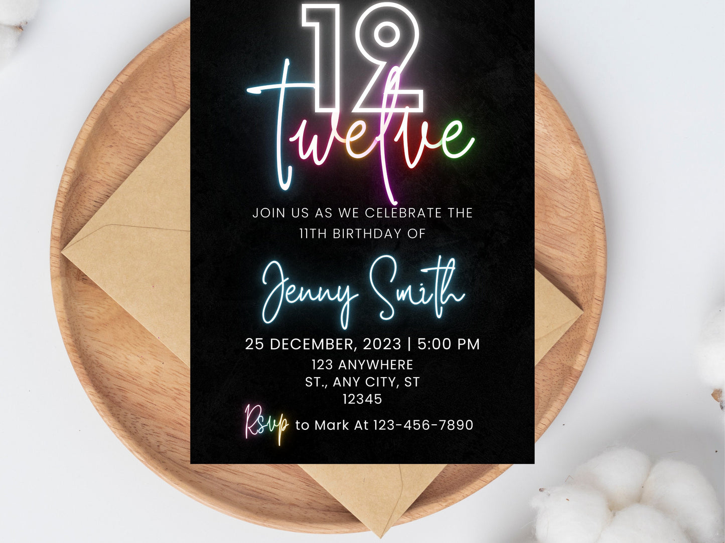 Editable Neon 12th Birthday Invitation, Pink Theme (Digital Download)