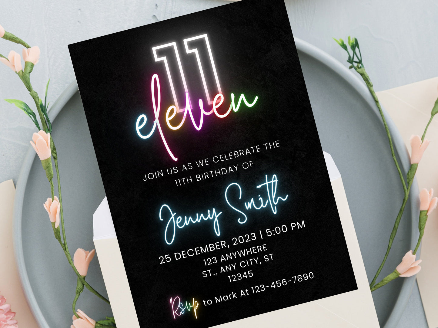 Editable Neon 11th Birthday Invitation, Pink Design (Digital Download)