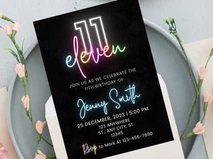 Editable Neon 11th Birthday Invitation, Pink Design (Digital Download)